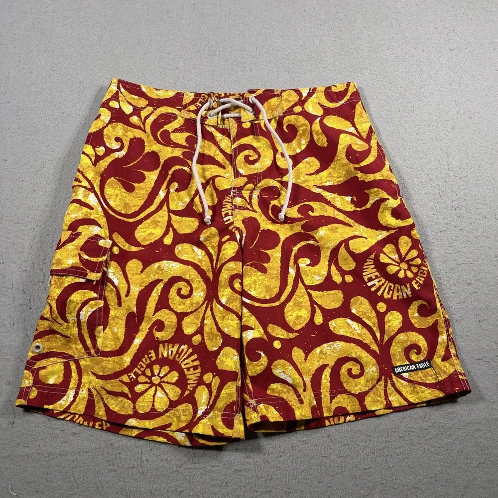 American Eagle Swim Shorts Men 31 Surf Board Trunks Floral Drawstring Mesh Y2K